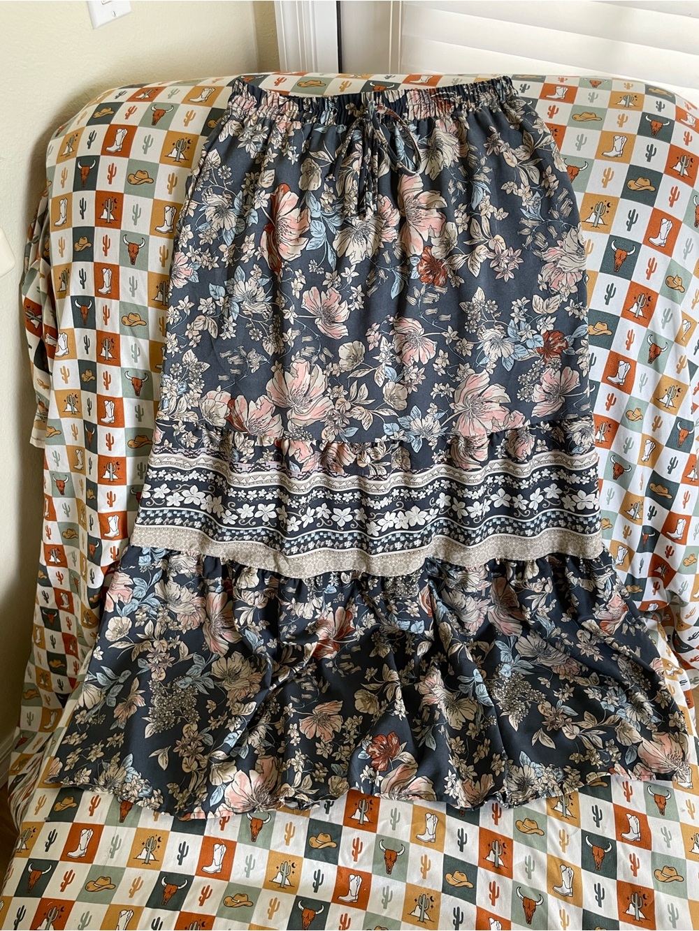 Sienna Sky Floral Tiered Maxi Skirt - Slate Blue & Blush